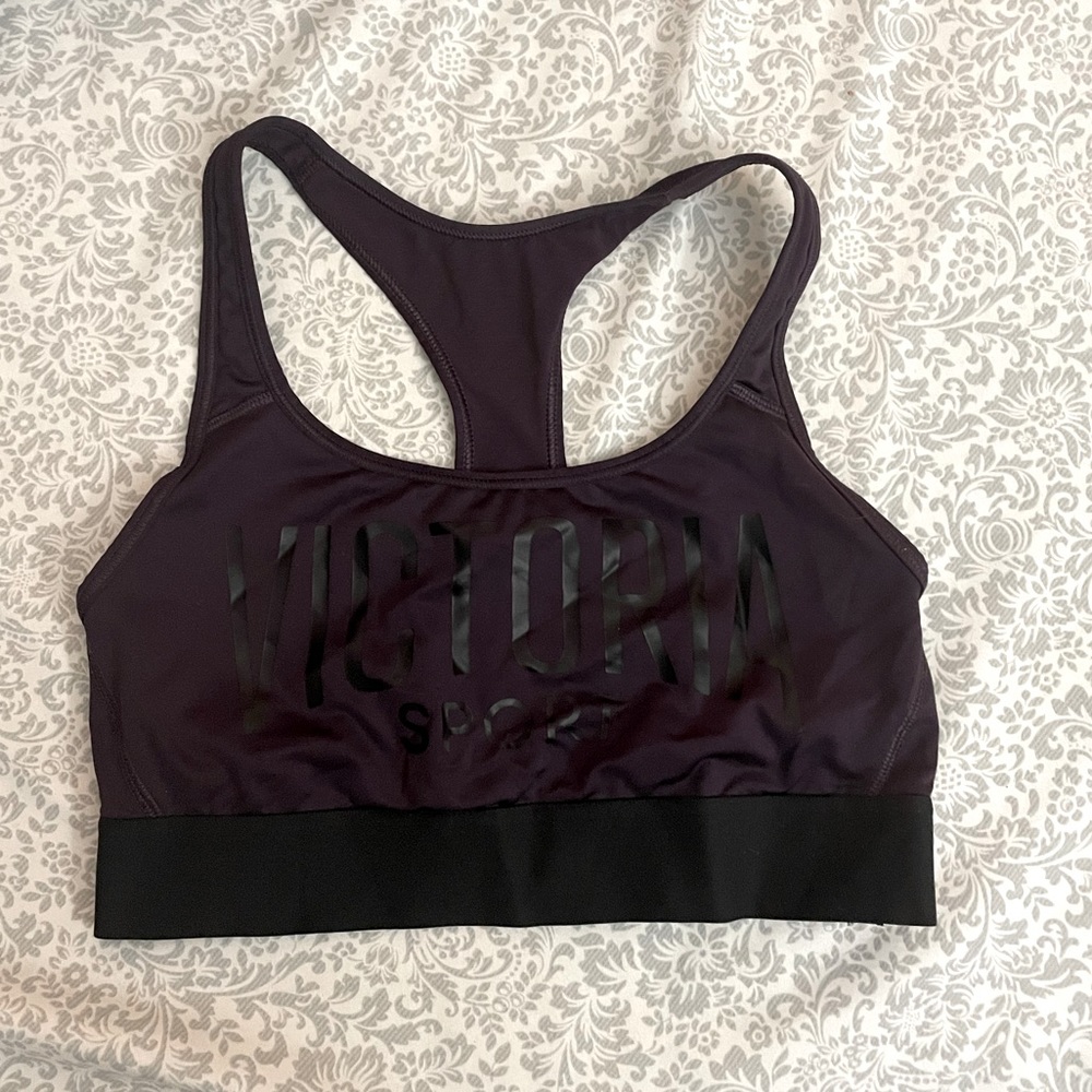 Victoria’s Secret sport dark purple sports bra with black lettering size small